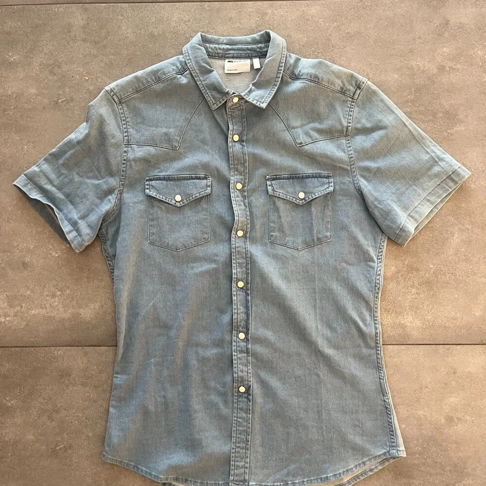ASOS Mens LARGE Short Sleeve Slim Fit Western Denim Shirt - Picture 4 of 8